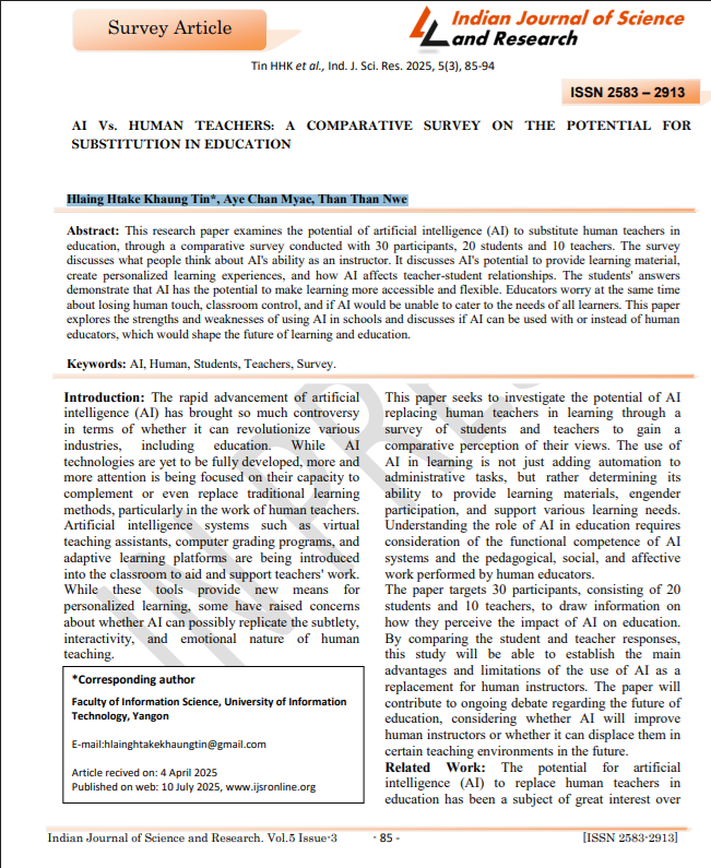 AI Vs. HUMAN TEACHERS: A COMPARATIVE SURVEY ON THE POTENTIAL FOR SUBSTITUTION IN EDUCATION